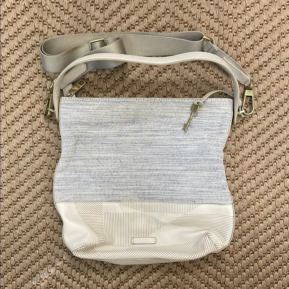 Fossil Maya Hobo Canvas Leather Cream Light Blue Crossbody